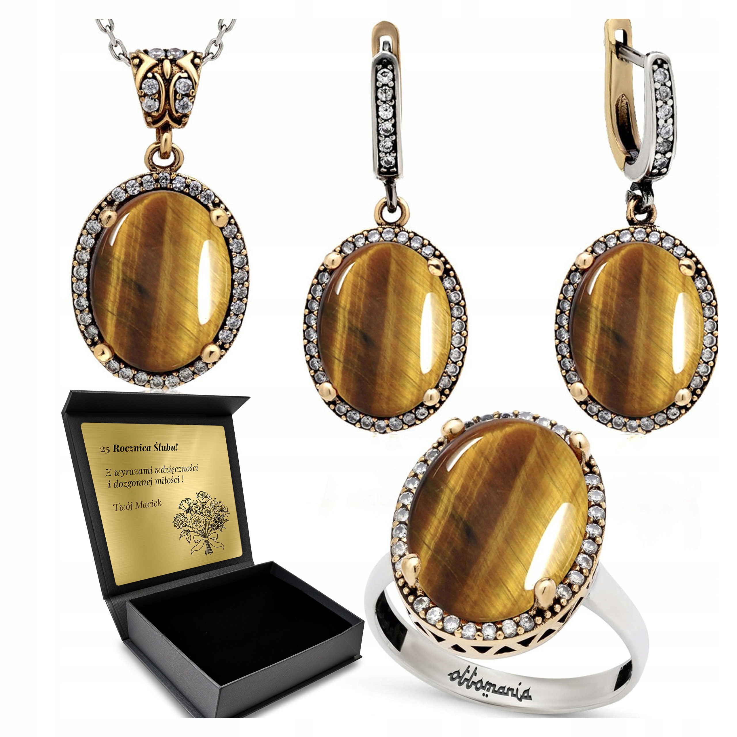 Komplet Stříbrných Šperků Zirkony Kočičí Oko Dárek pro ženu Gravírování