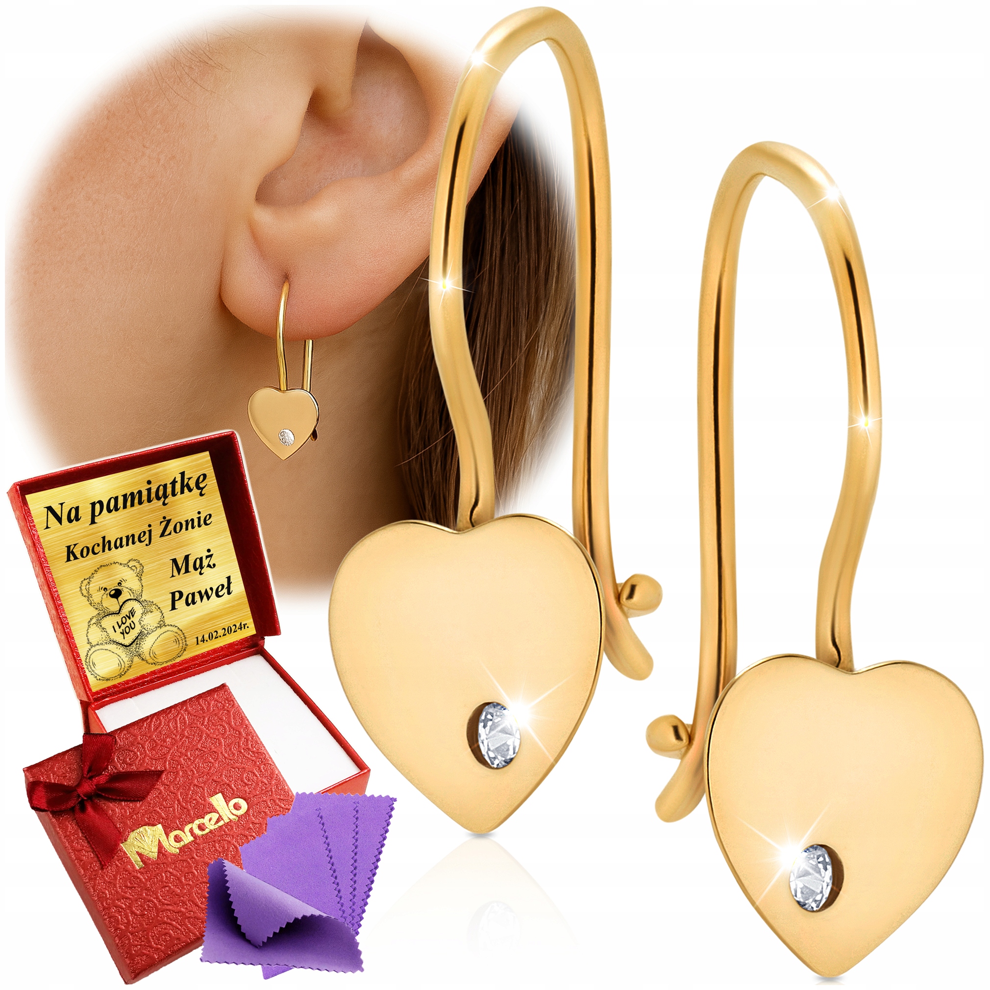 Złote Kolczyki Serca Wiszące z Cyrkoniami Złoto 585 Dla Kobiety