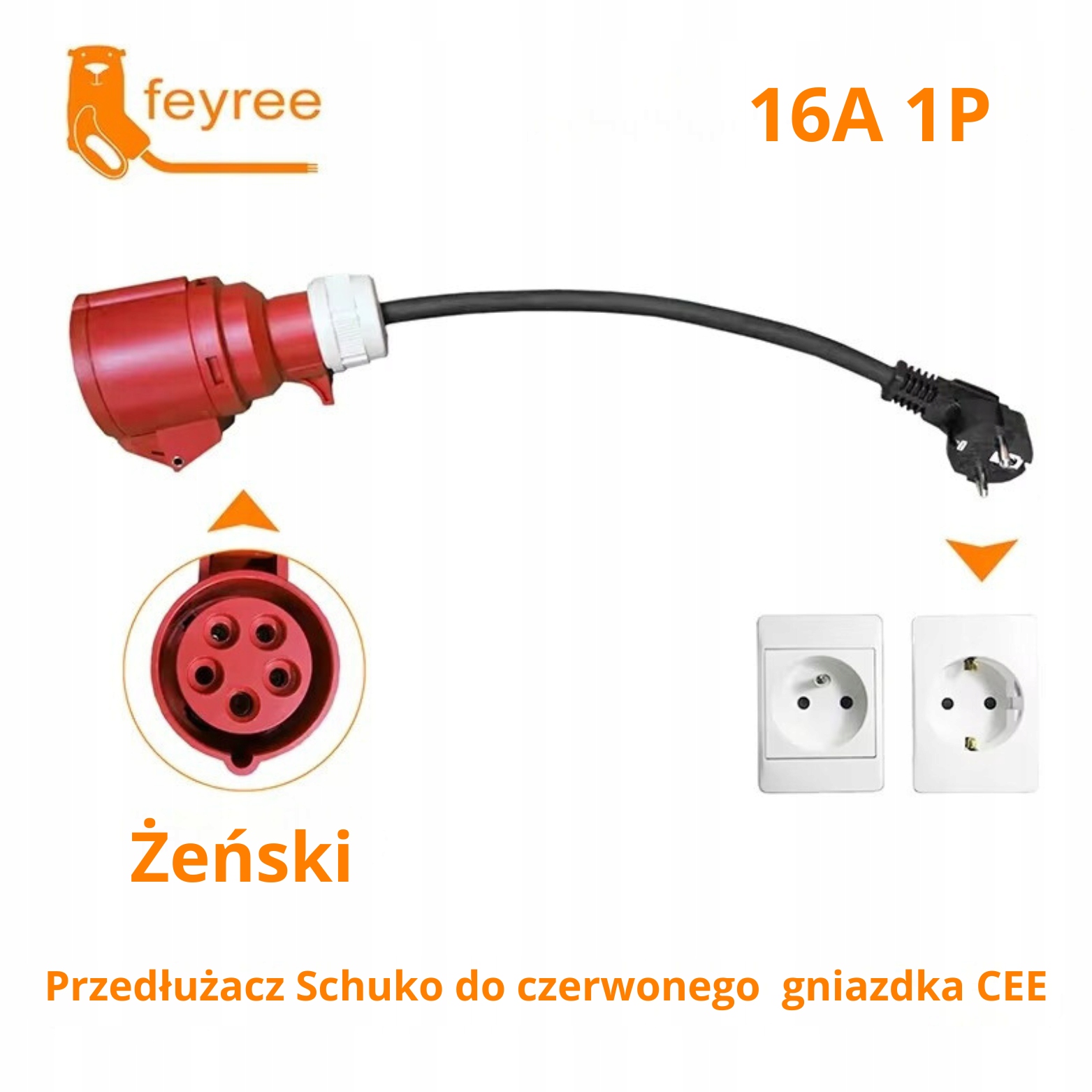 Feyree Adapter Siłowy Cee na gniazdko domowe Schuko do auta elektrycznego