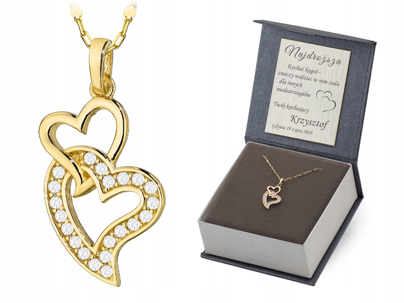 Zlatý Náhrdelník 45 cm pr. 585 Přívěsek Dvě spojená srdce Zirkony 14k