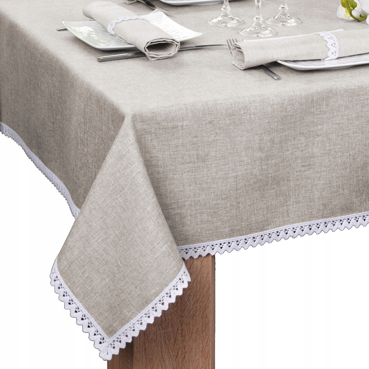 

plamoodporny obrus z koronką Malaga 400x140 beż
