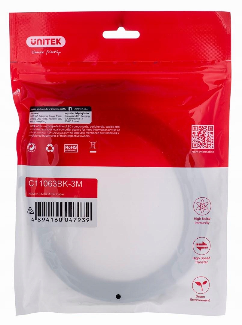 Unitek Kabel Hdmi 2.0 4K60HZ,PŁASKI,3M,C11063BK-3M