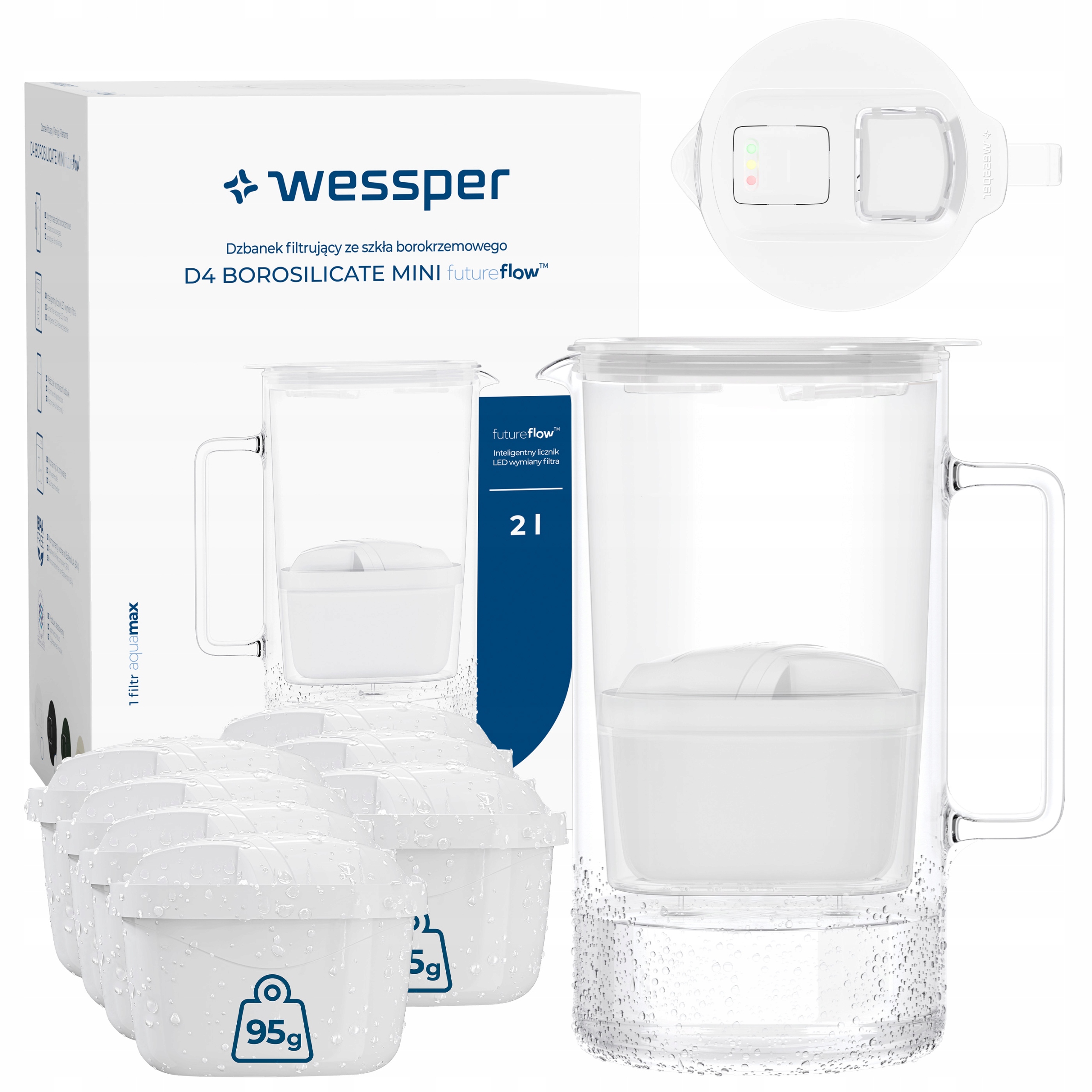 Szklany dzbanek filtrujący Wessper D4 Borosilicate Mini 2l 8x filtr
