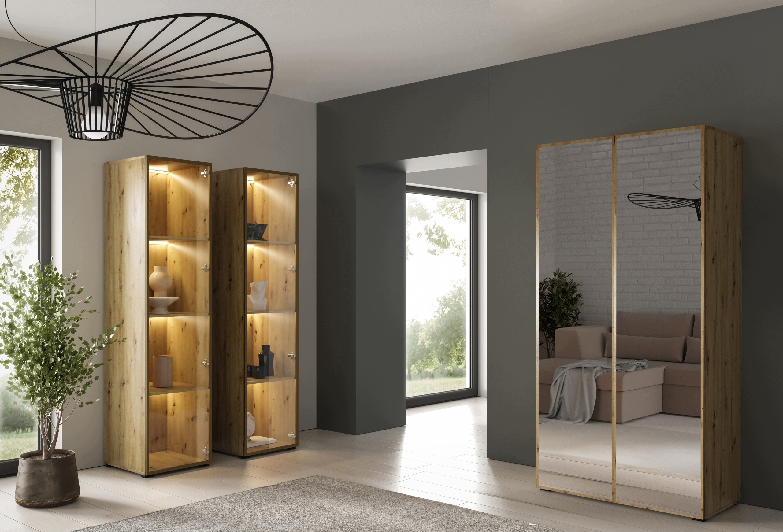 Skříň Dub Artisan se zrcadlem, úzká skříň na oblečení, skříň s tyčí 100 cm