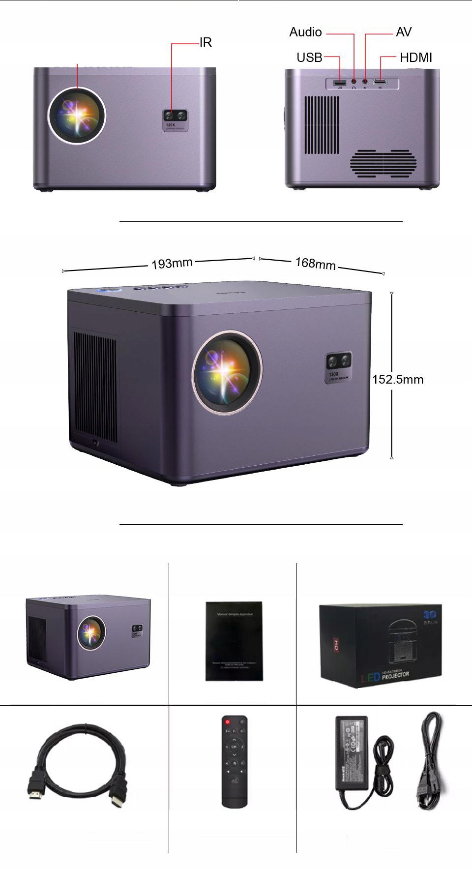 PROJEKTOR RZUTNIK ANDROID SMART TV WIFI FULL HD 650ANSI ZOOM 300" Kolor inny