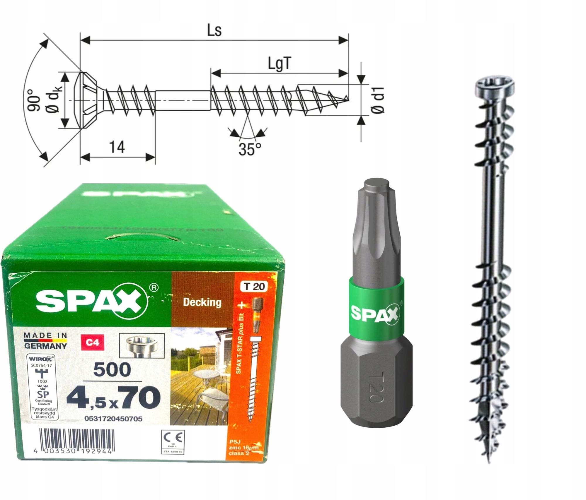 Spax Šrouby do dřeva 4,5 x 70 mm. 500 ks bit T20 ocel