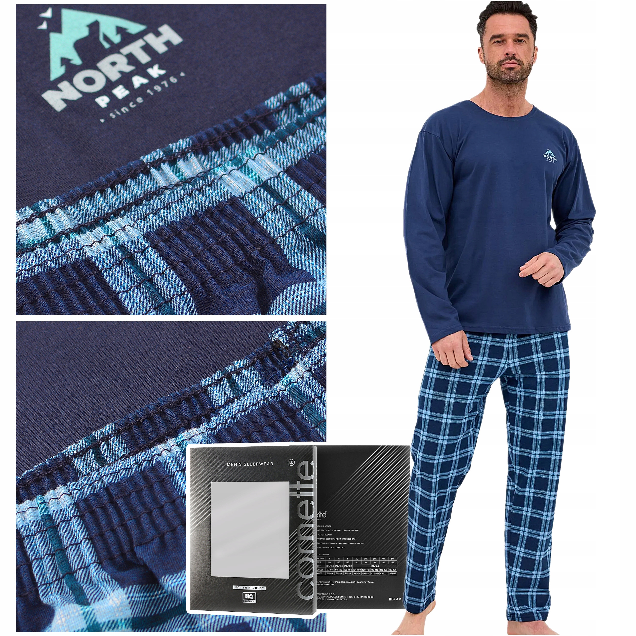 Cornette Pánské pyžamo s dlouhým rukávem, tmavě modrá, bavlněná mřížka, Velikost M