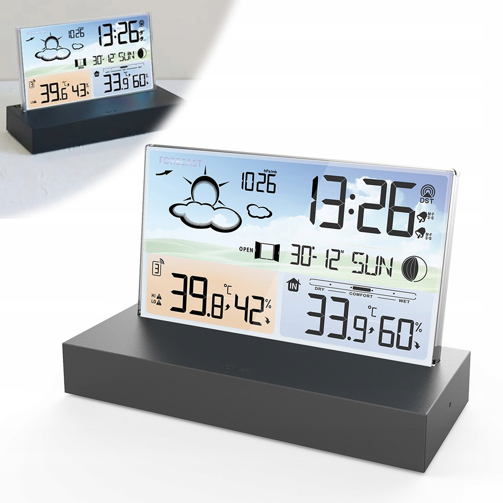 Budík Hodiny Digitální Barevný LCD Displej Teploměr Vlhkoměr Velký