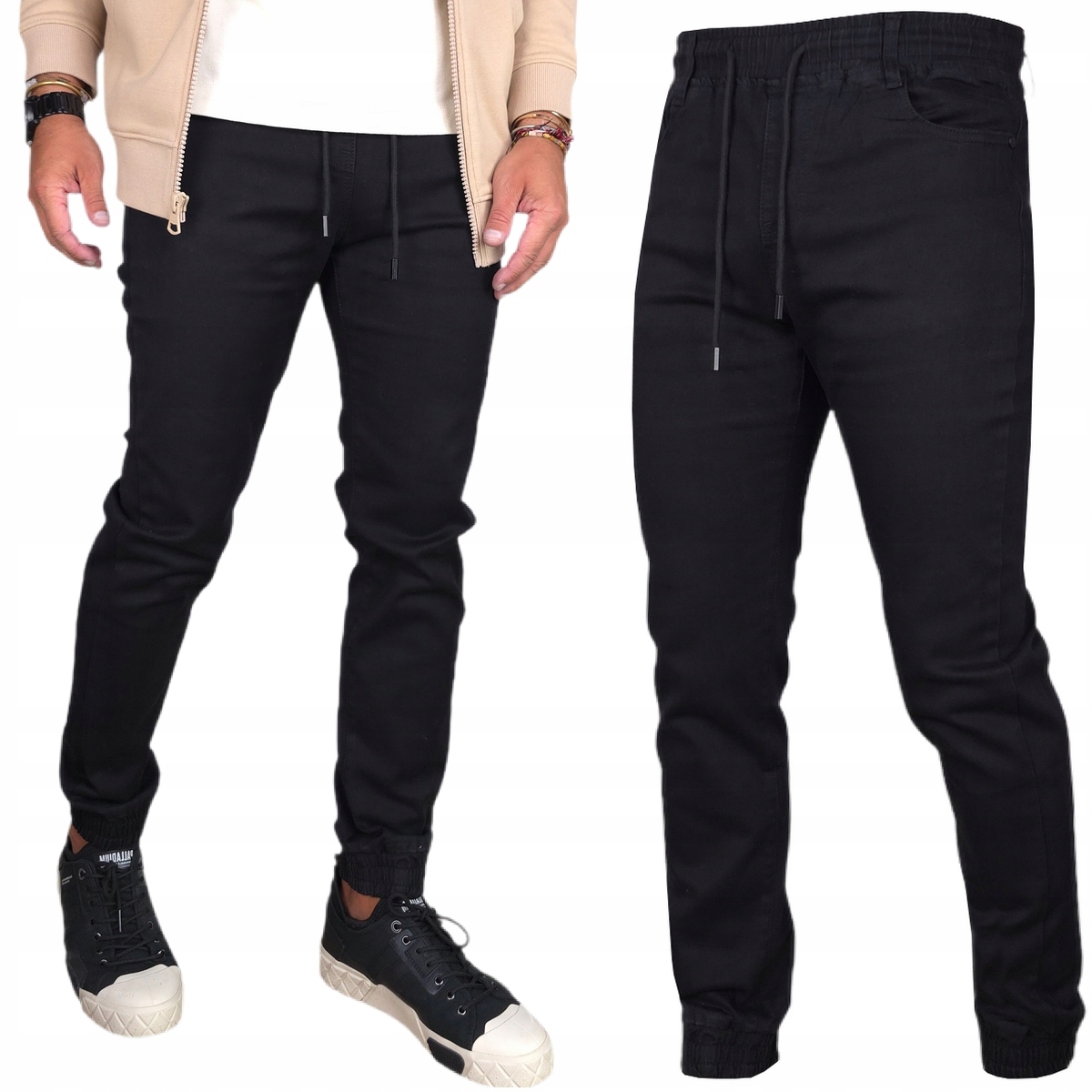 Spodnie Męskie długie Jeansowe Joggery Czarne rozciągliwe Pas Z Gumką, 3XL