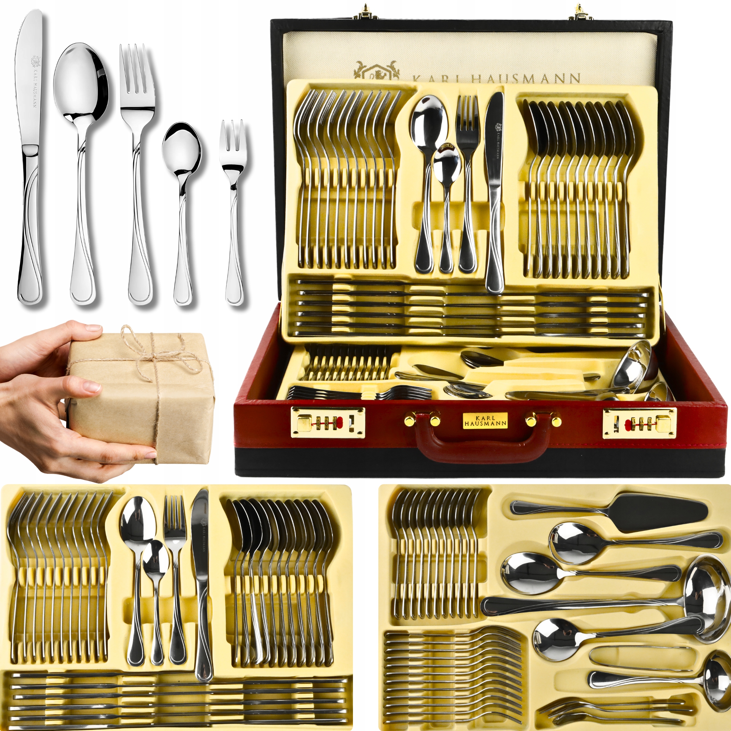 Sada Příborů Příbory pro 12 osob Kufr Komplet 72 ks Organizér Příbory