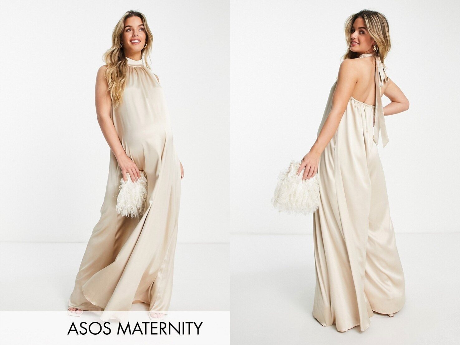 DESIGN Maternity beżowy satynowy kombinezon M