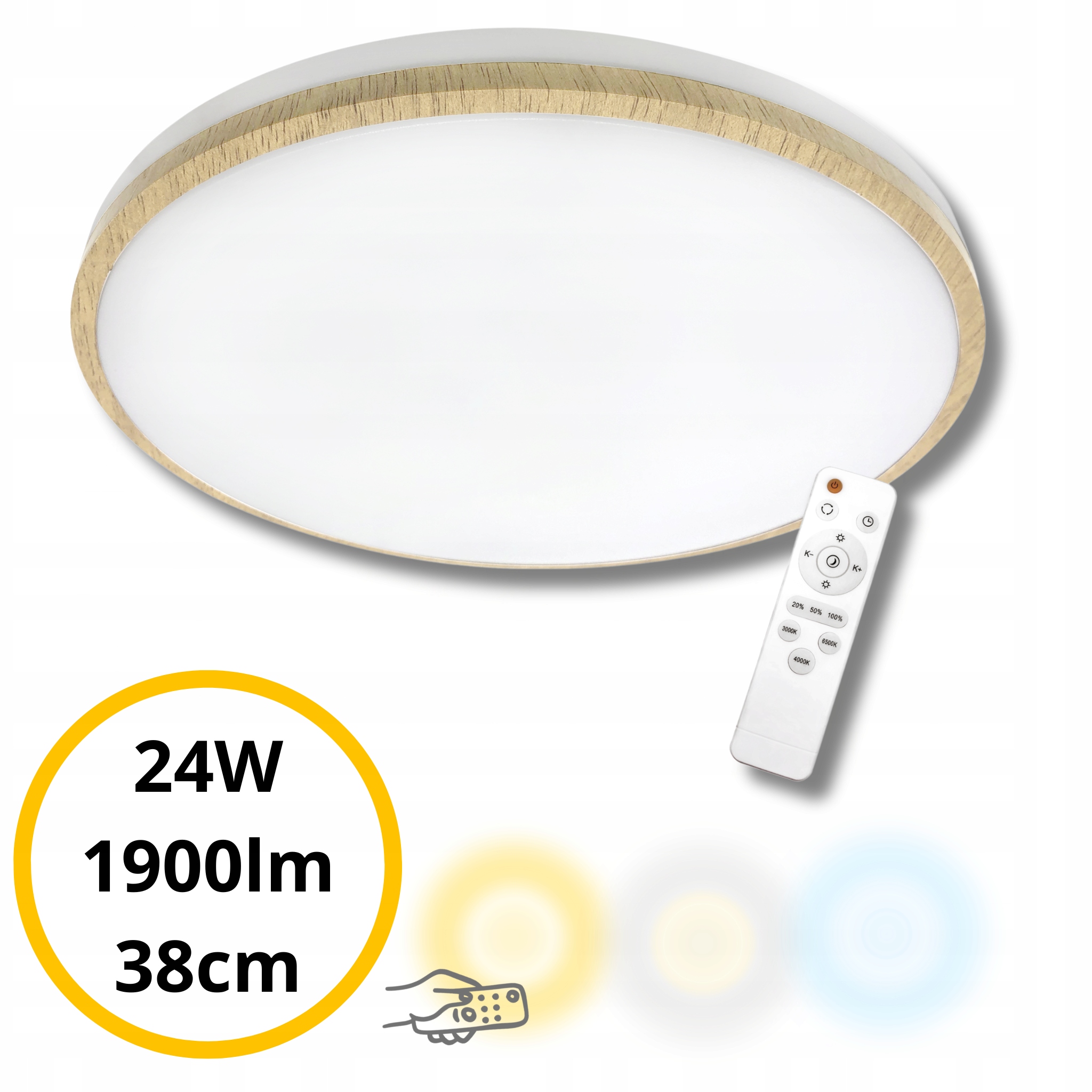 Plafon Led 24W kolor drewna 38cm pilot zmiana barwy i night light LL Taldor