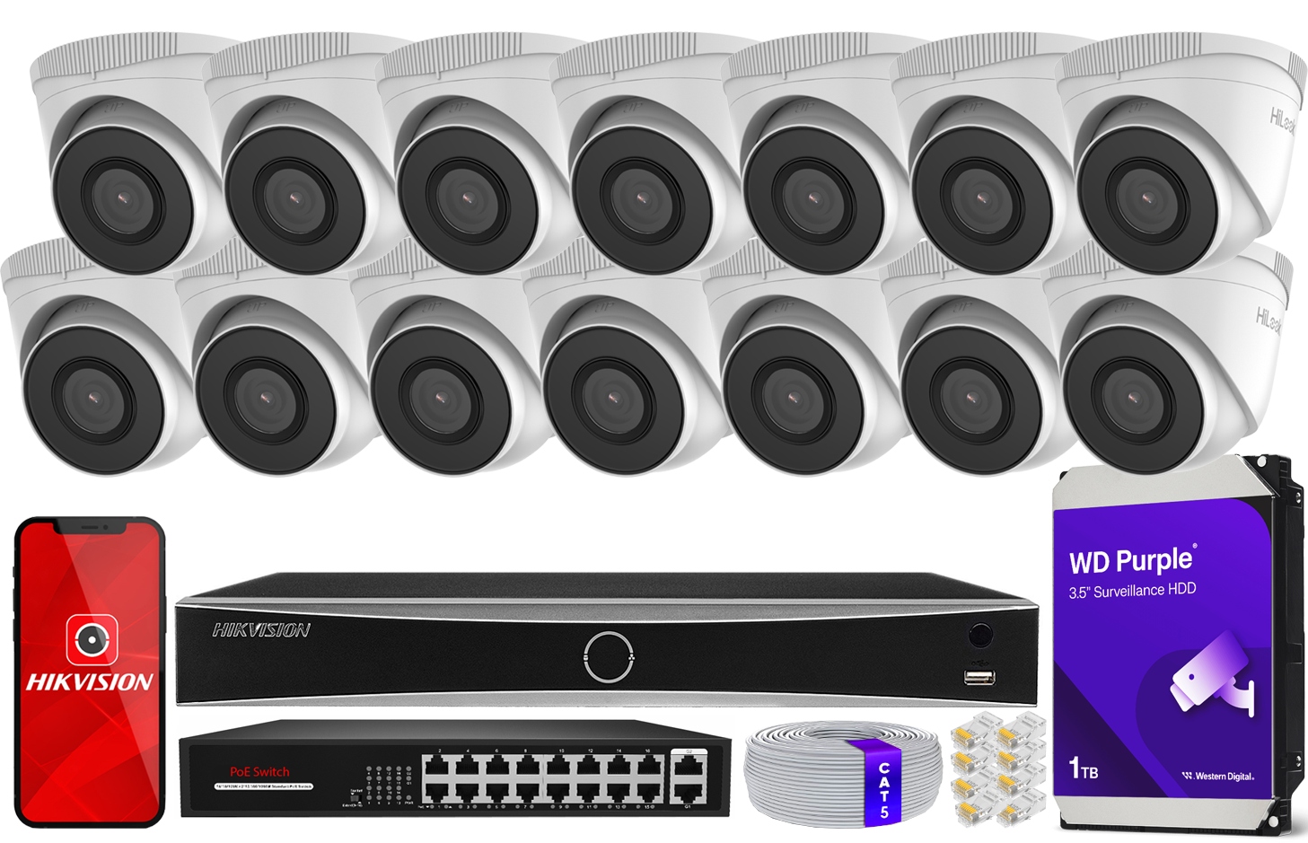 Ip monitoring 14 kamer 5MPx PoE IR30m rekordér Hikvision DS-7616NXI-K2