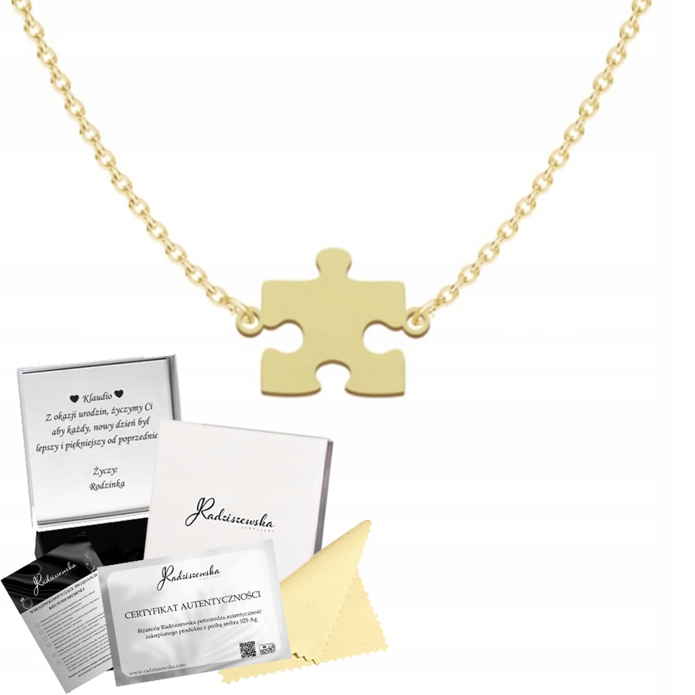 Náhrdelník Zlatý Puzzel 925 Řetízek s puzzlem Narozeniny Gravírování Bonus