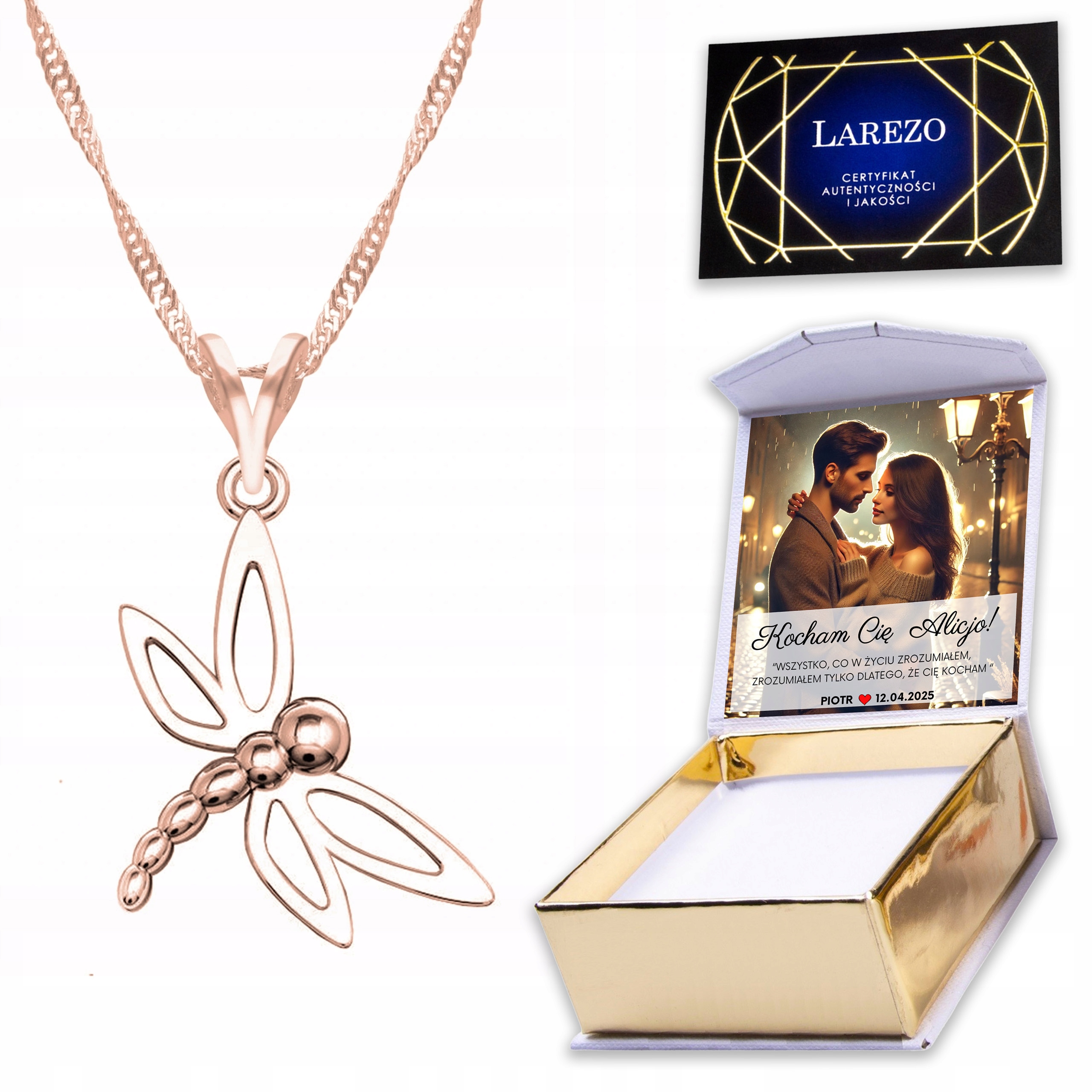 Pozlacený náhrdelník 925 s vážkou hmyzu Dragonfly Motýl Vlastní Potisk