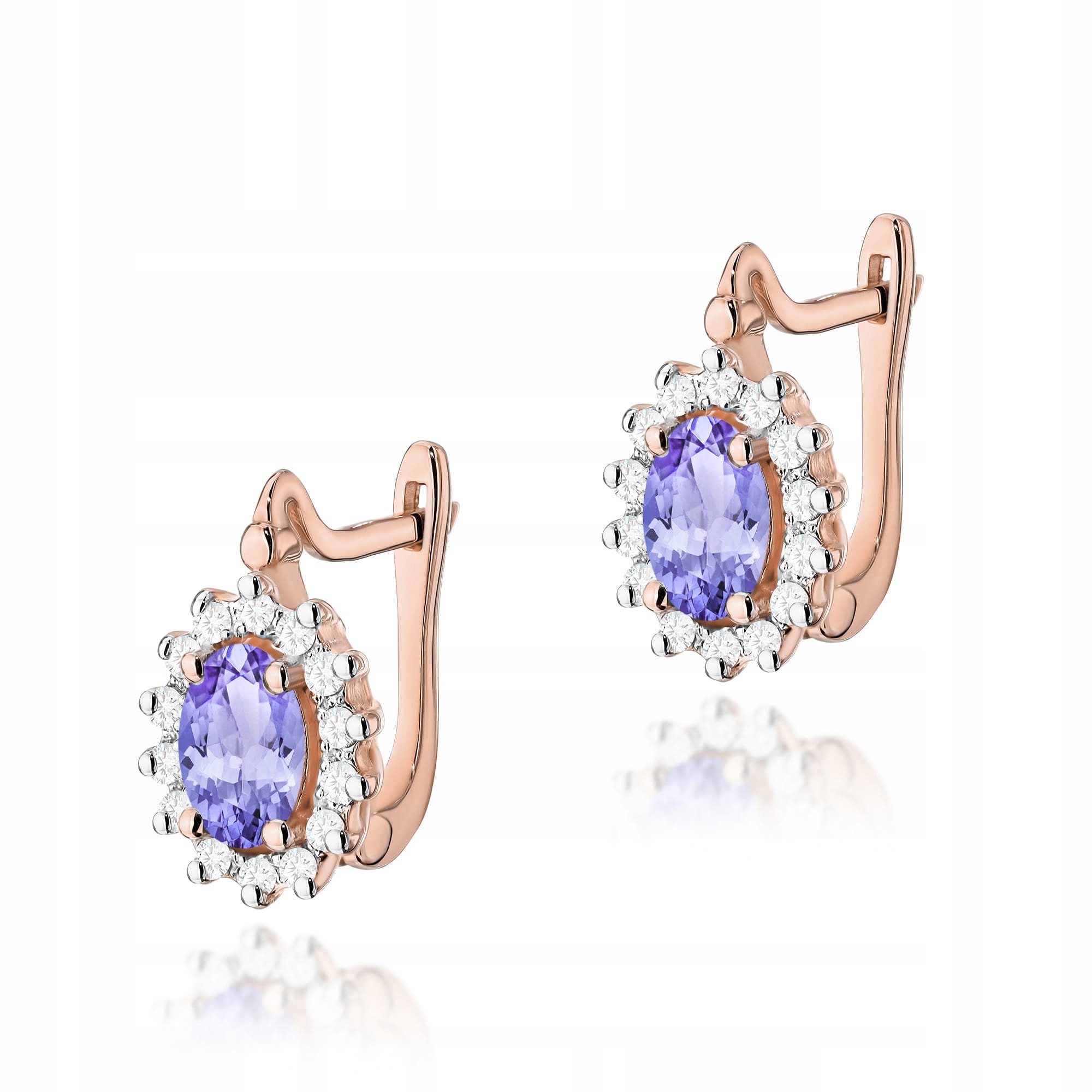 Náušnice z růžového zlata 585 markýzy s tanzanitem 2.8 g, brilianty, diamant