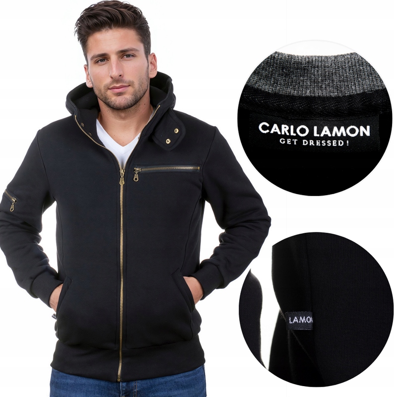 Rozepínací černá pánská mikina s kapucí od polské značky Lamon Premium XL