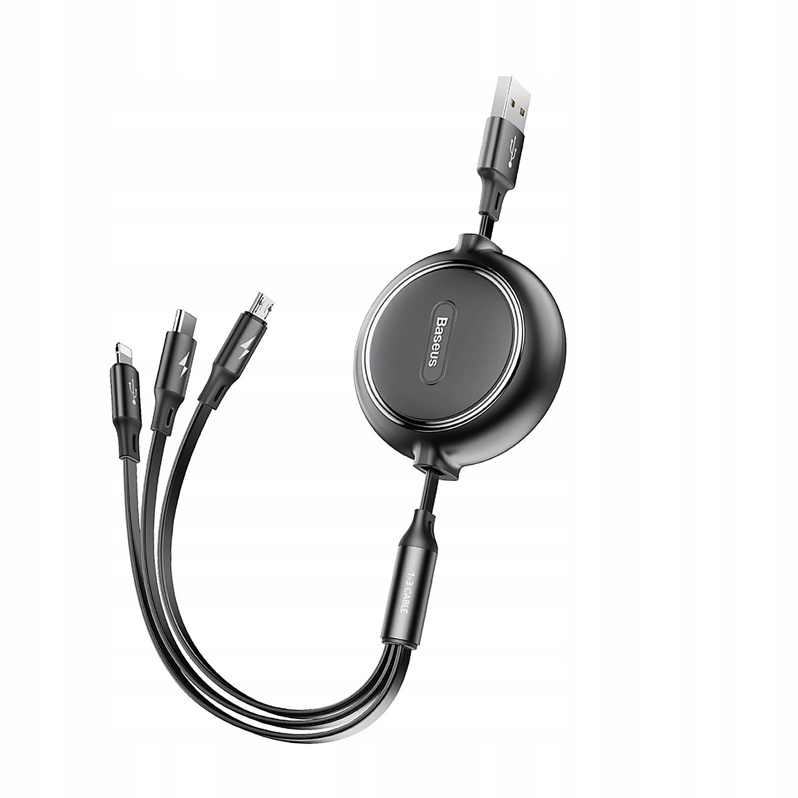 Baseus Golden rozwijany kabel 3w1 Usb microUSB Lightning Usb-c 3.5A 120cm