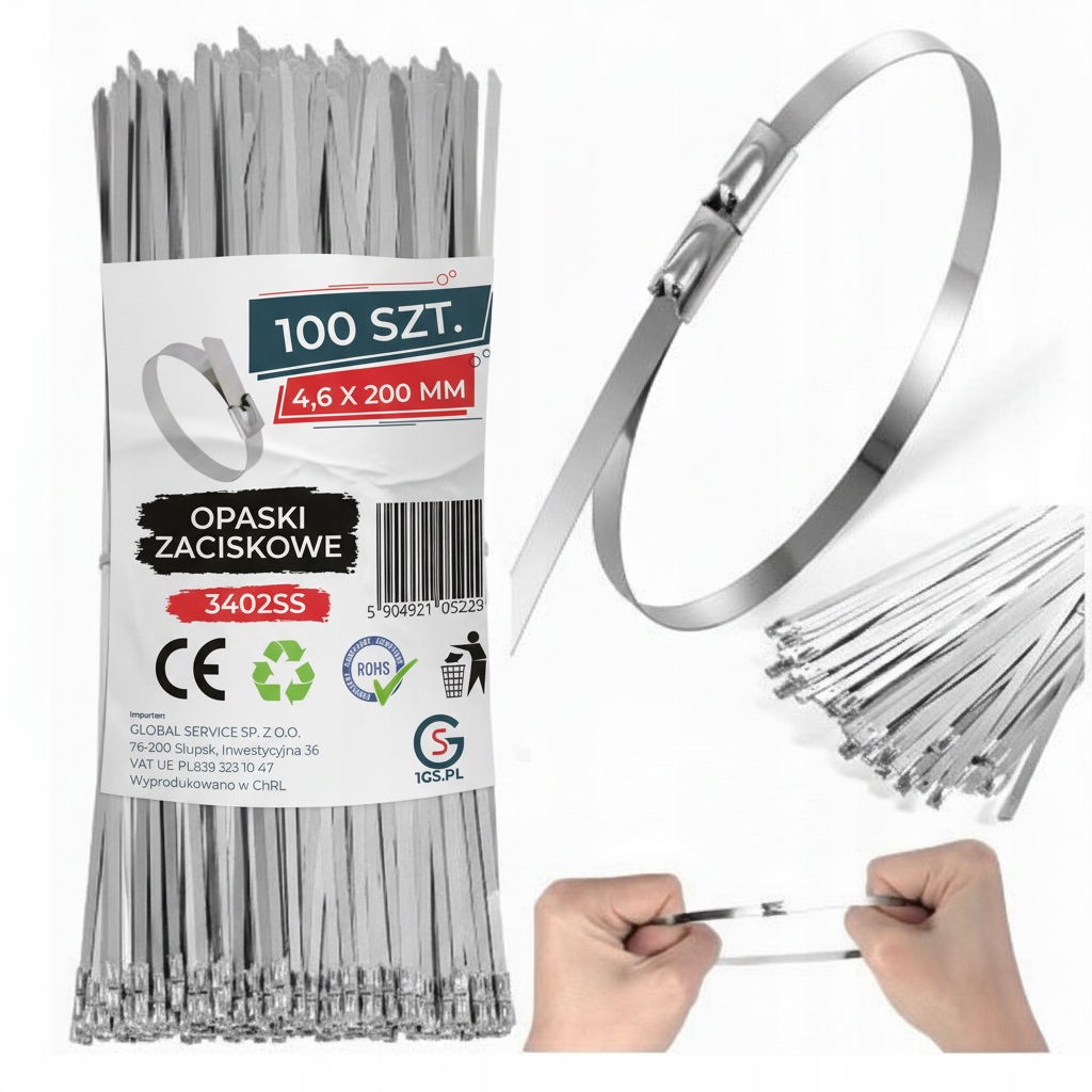 Opaski Zaciskowe 4,6x200 mm Stalowe Nierdzewne Trytki metalowe 100 Sztuk
