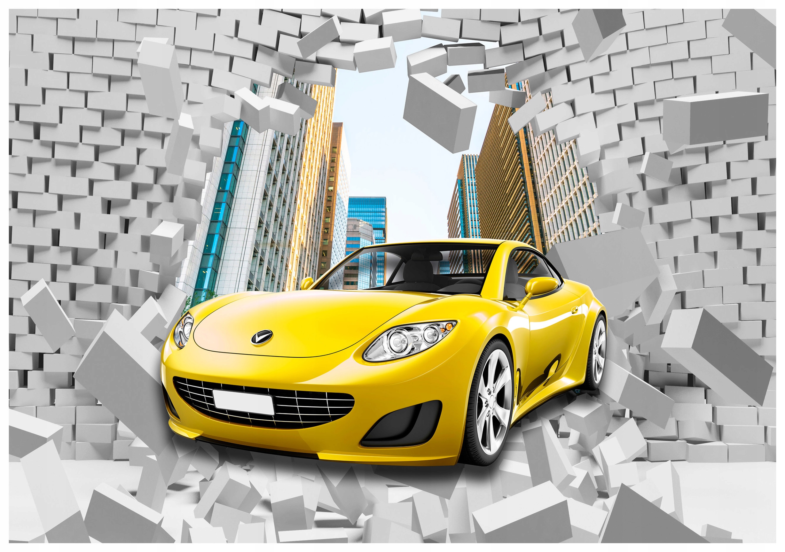 Fototapeta flizelina Žlutý sportovní automobil prorazí zeď 300x210 lepidlo