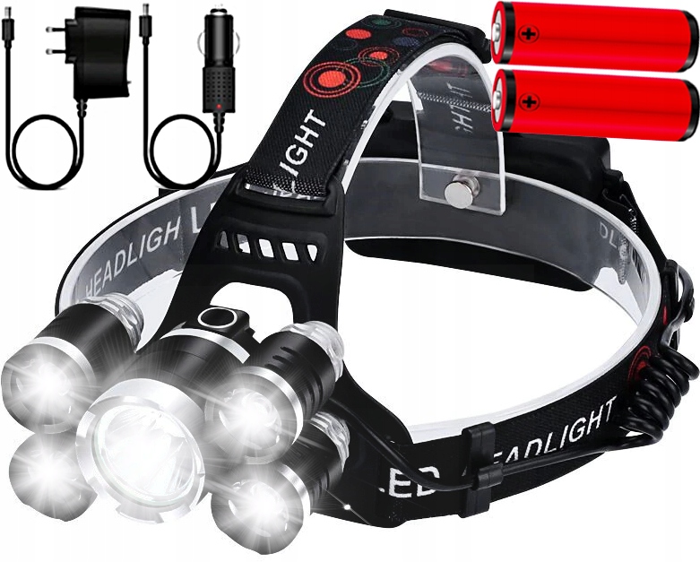 

Mocna Latarka Czołowa 5 x Led T6 Cree Czołówka Aku