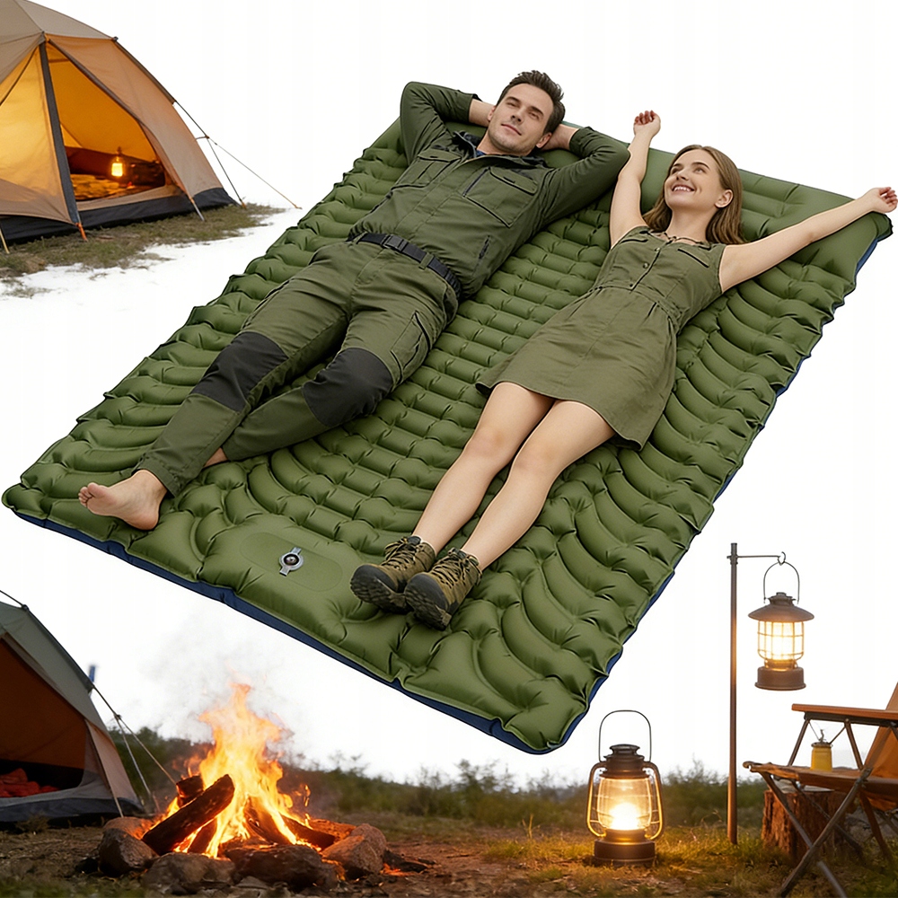 Dwuosobowa Mata Kemping Falista Struktura 195X135CM Wbudowana Pompa Nożna