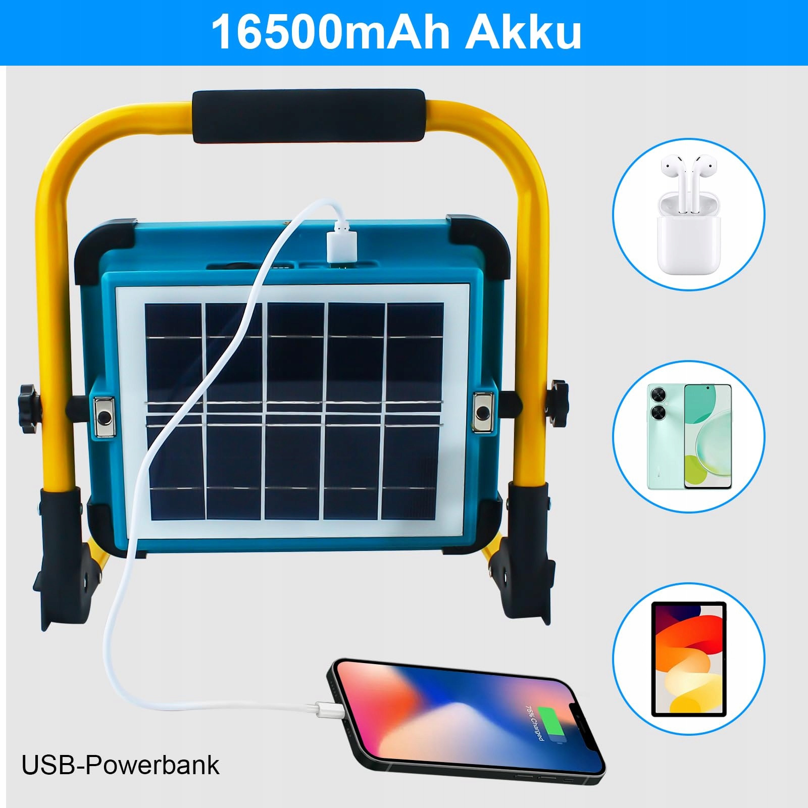TOPBOS 100W LED Reflektor Na Statywie 10000LM Akumulator USB-C Solarny — miniatura 3