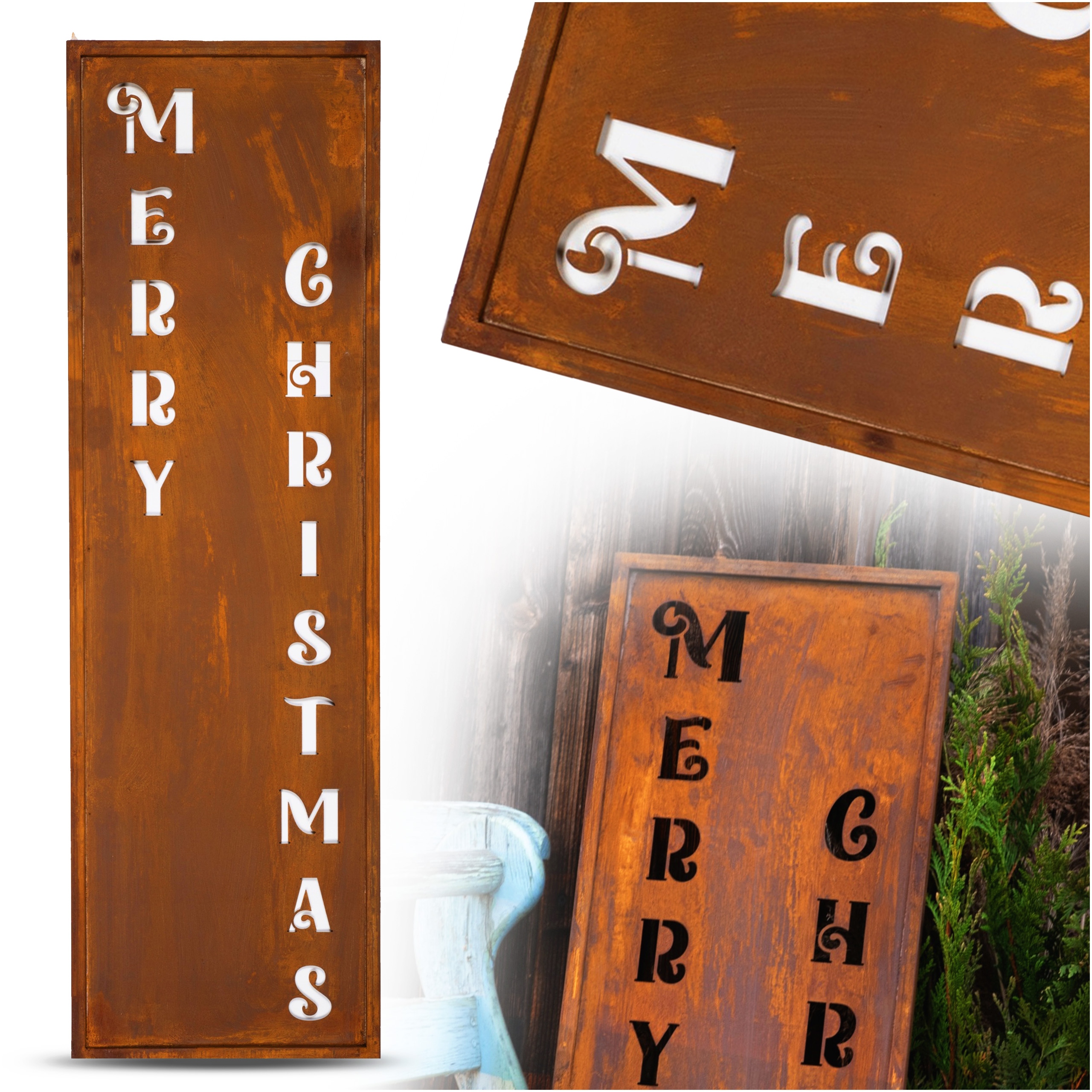 Vánoční Panel Corten Merry Christmas 120 cm Rustikální Ozdoba Před Dveřmi