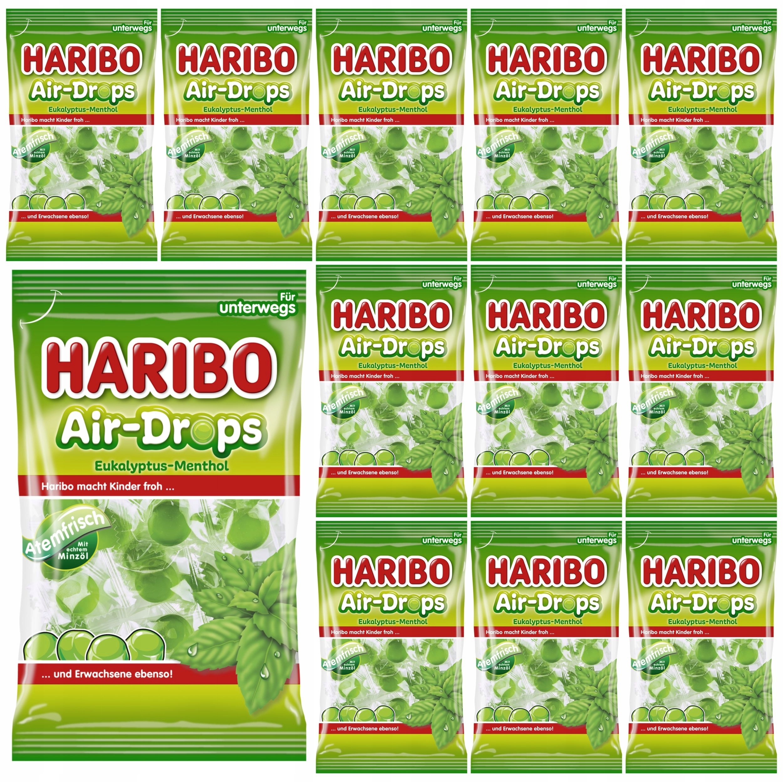 Cukierki gumowe żelki Haribo 12x100g Eukaliptus Mentol Miętowe Air-Drops De