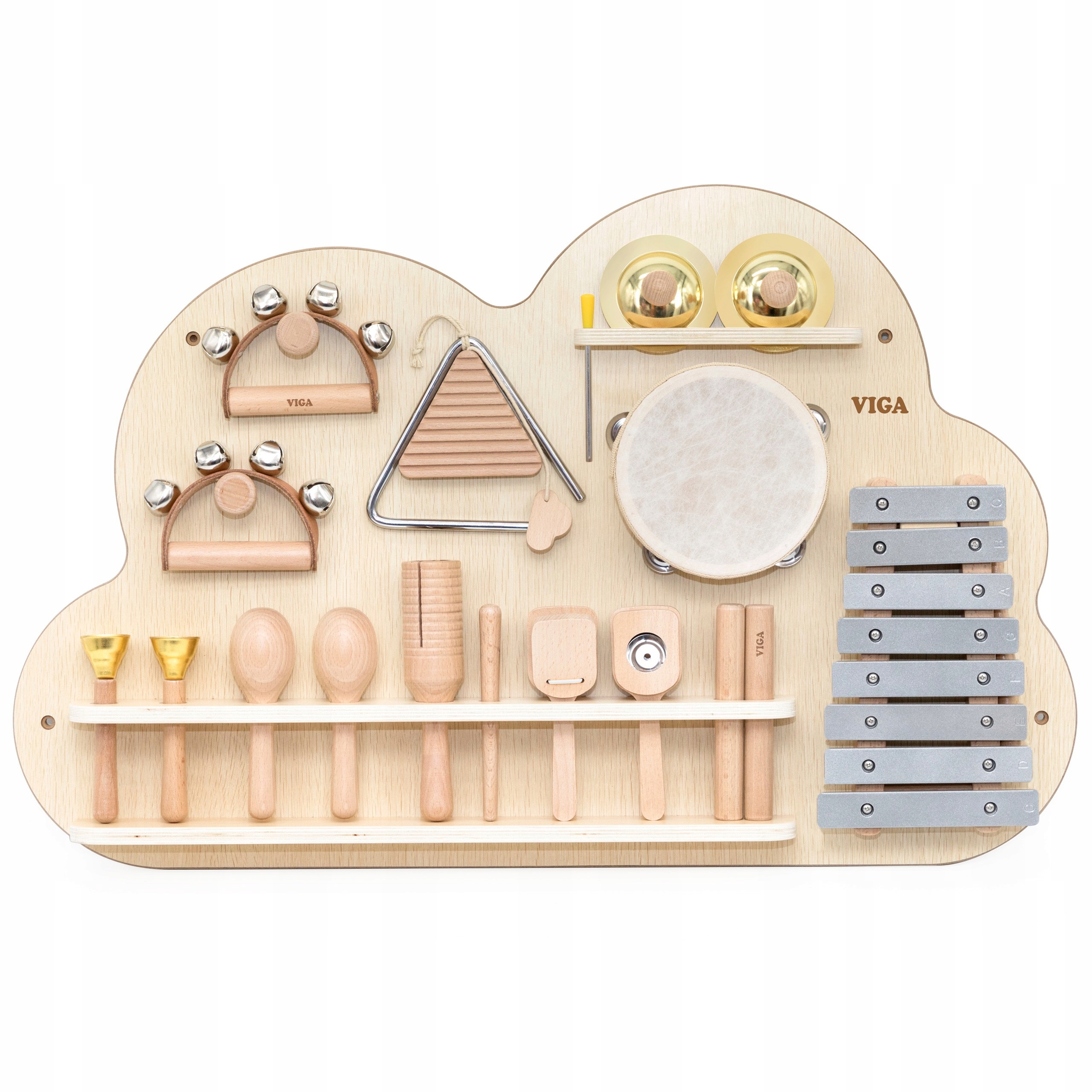 VIGA DREWNIANA TABLICA MUZYCZNA ŚCIENNA ZESTAW 12 INSTRUMENTÓW PERKUSYJNYCH