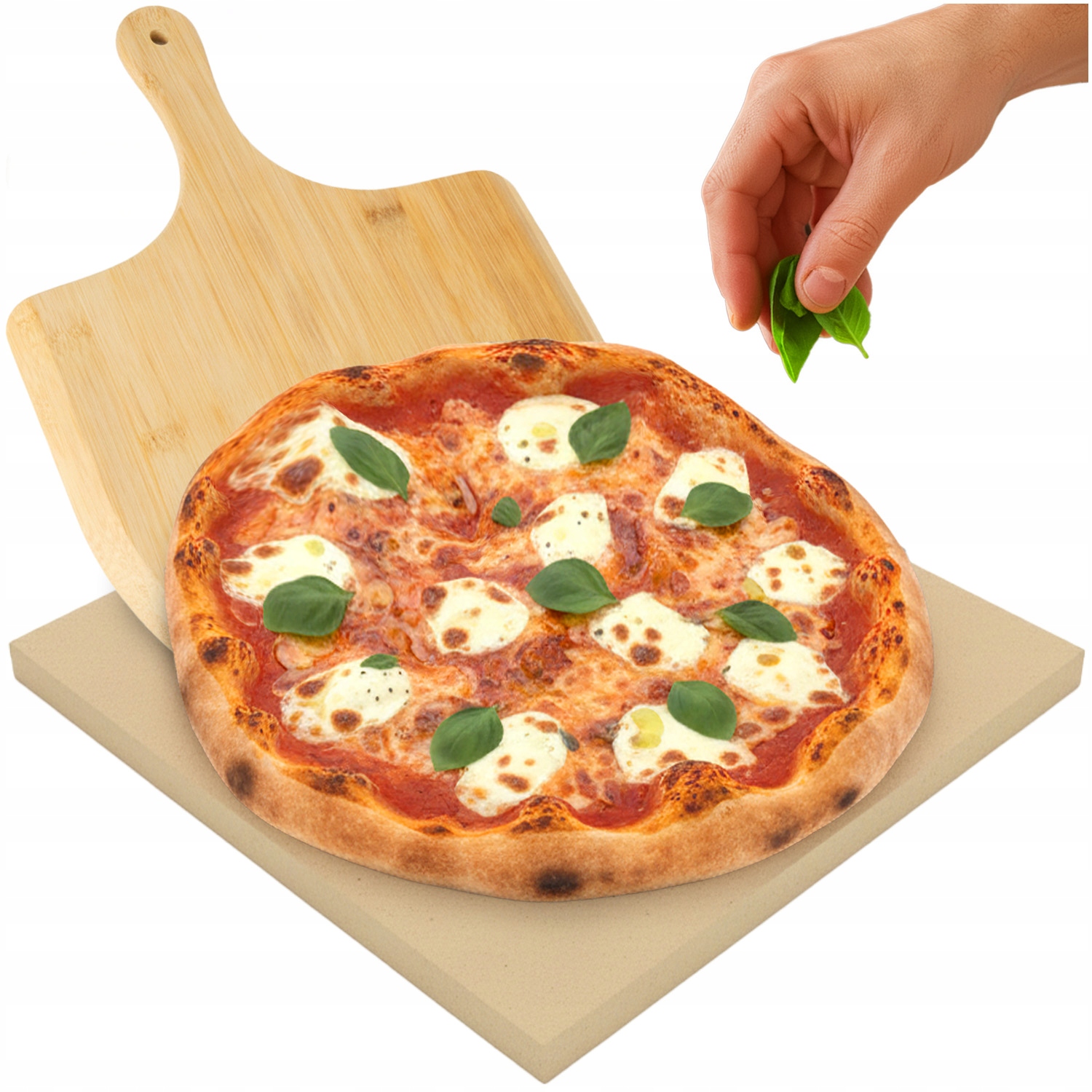 Kameň na pizzu Ruhhy 38×36 cm s bambusovou lopatkou 2v1, kordierit