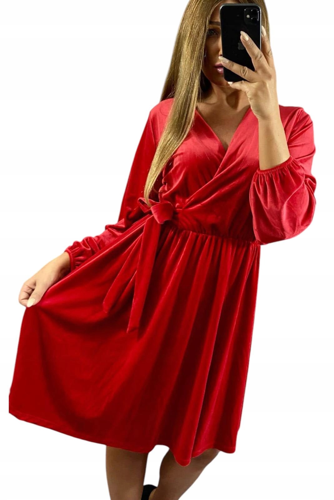 V665 Velurová Šaty S Obálkovým Výstřihem Červená vel. 46 (3XL)