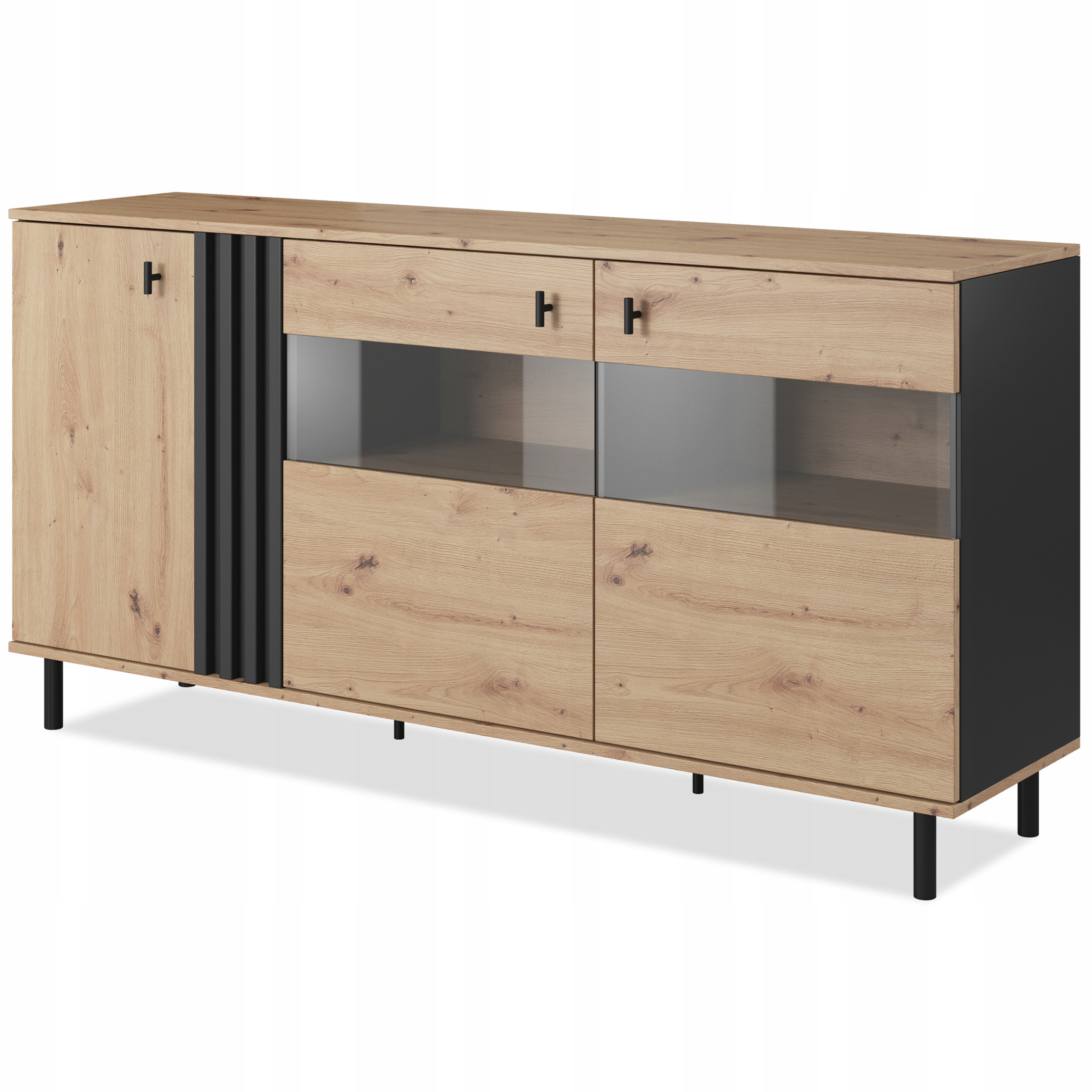 Komoda s vitrínou artisan s černými lamelami Gero
