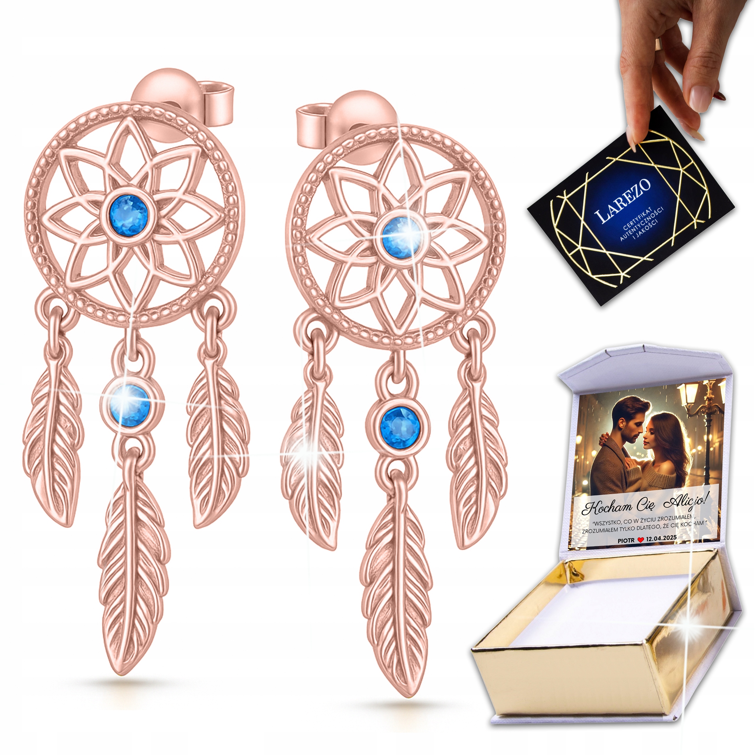 Náušnice Pozlacené 925 Lapače snů Kolečka Pera s modrým očkem Potisk