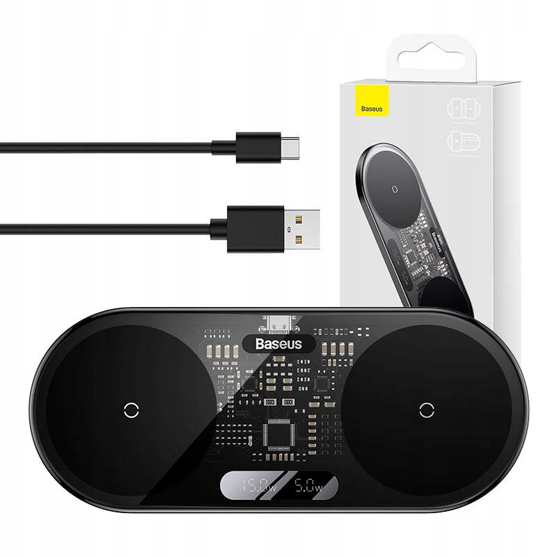 Dvojitá Bezdrátová Nabíječka Qi 20W S Displejem Baseus