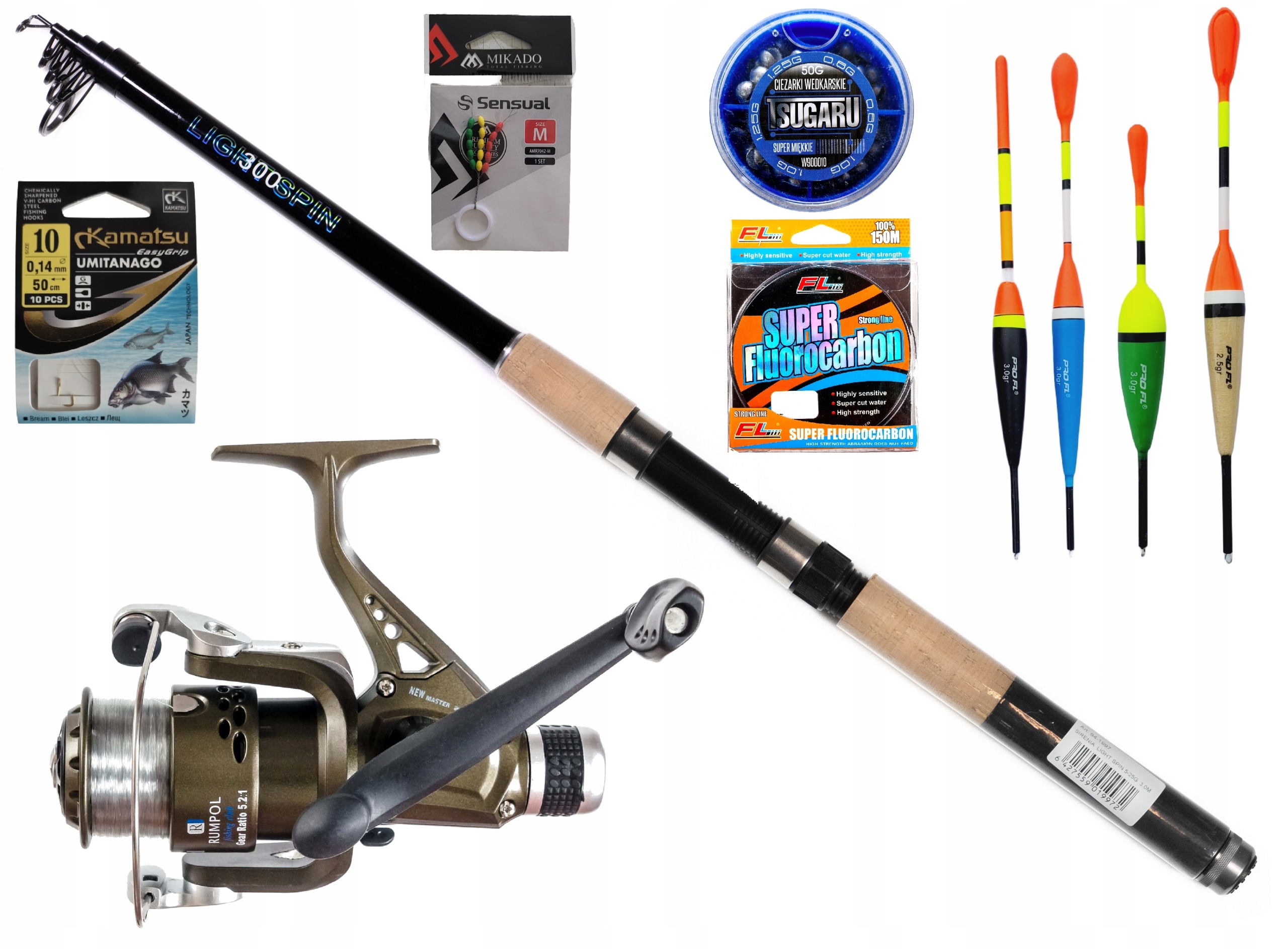 Komplet Zestaw wędkarski wędka kołowrotek spławik haczyki akcesoria na ryby