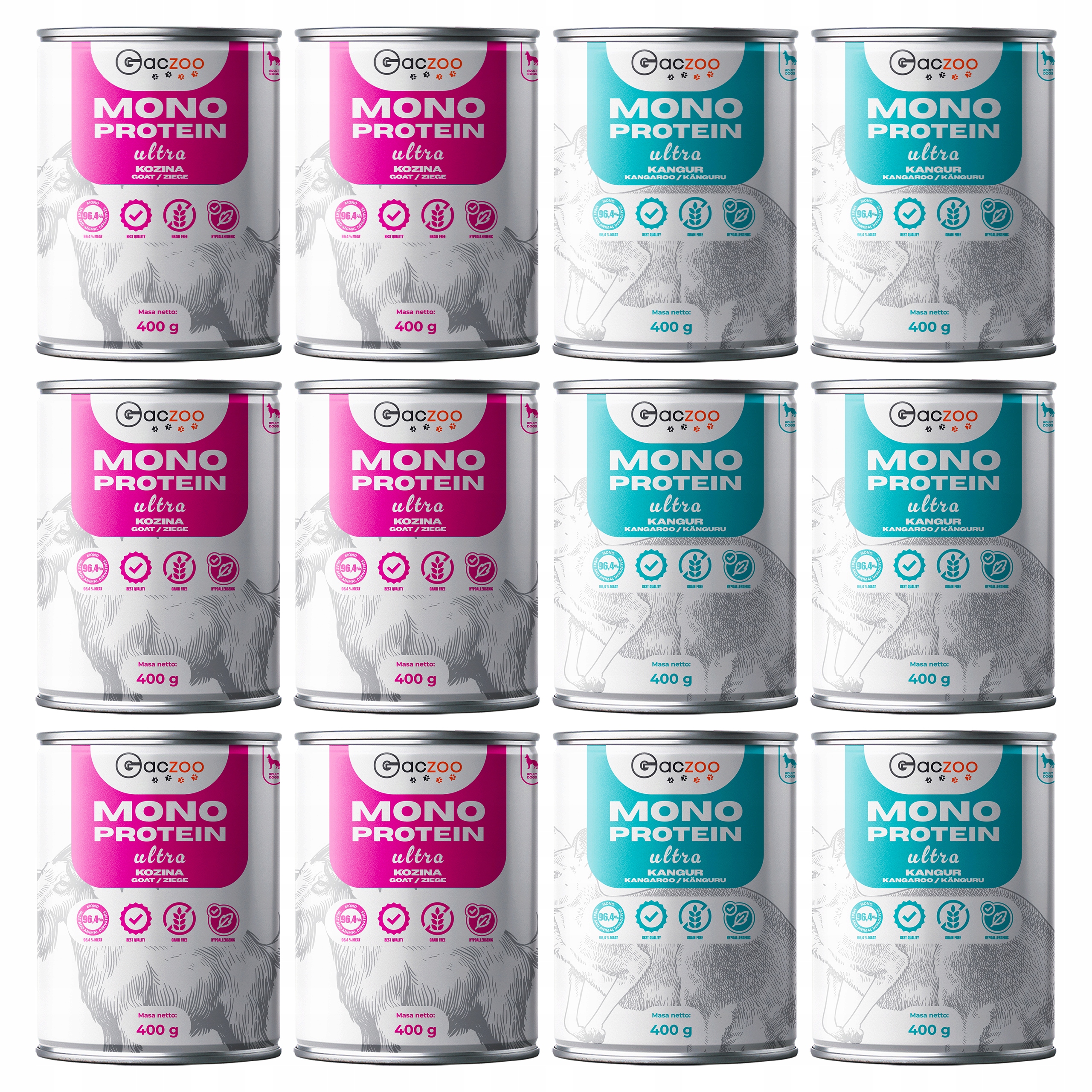 Levně Gaczoo Mono Protein Ultra monoproteinové krmivo pro mokré psy mix chutí 12 x 400 g
