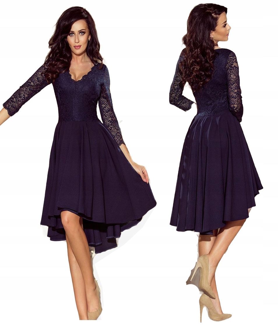 Asymetrické Šaty S Krajkovým Výstřihem A Delší Zadní Částí, Tmavě Modrá, 2XL