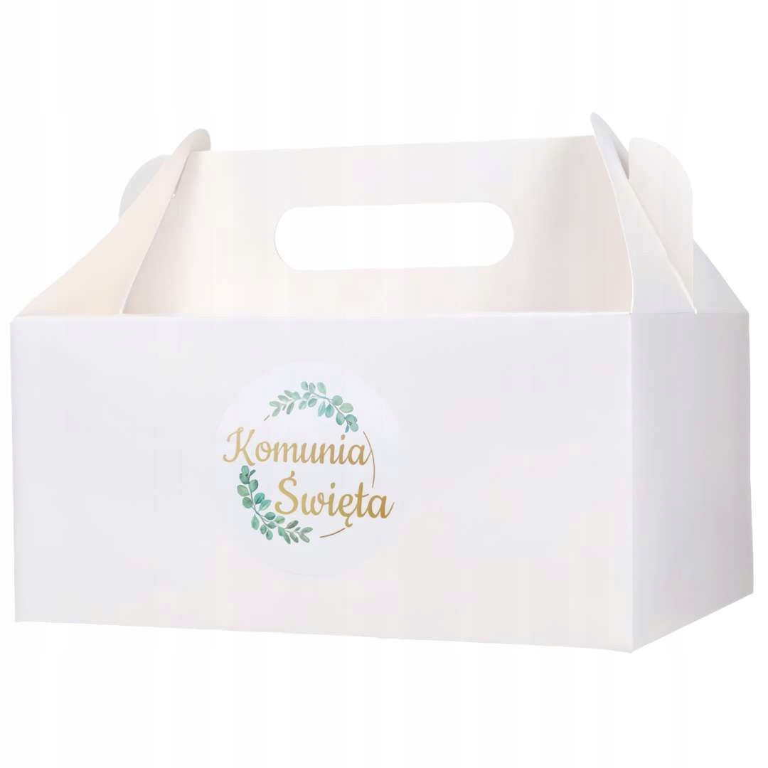 PUDEŁKA NA CIASTO białe pozłacane IHS KOMUNIA ŚWIĘTA eukaliptus 10 sztuk