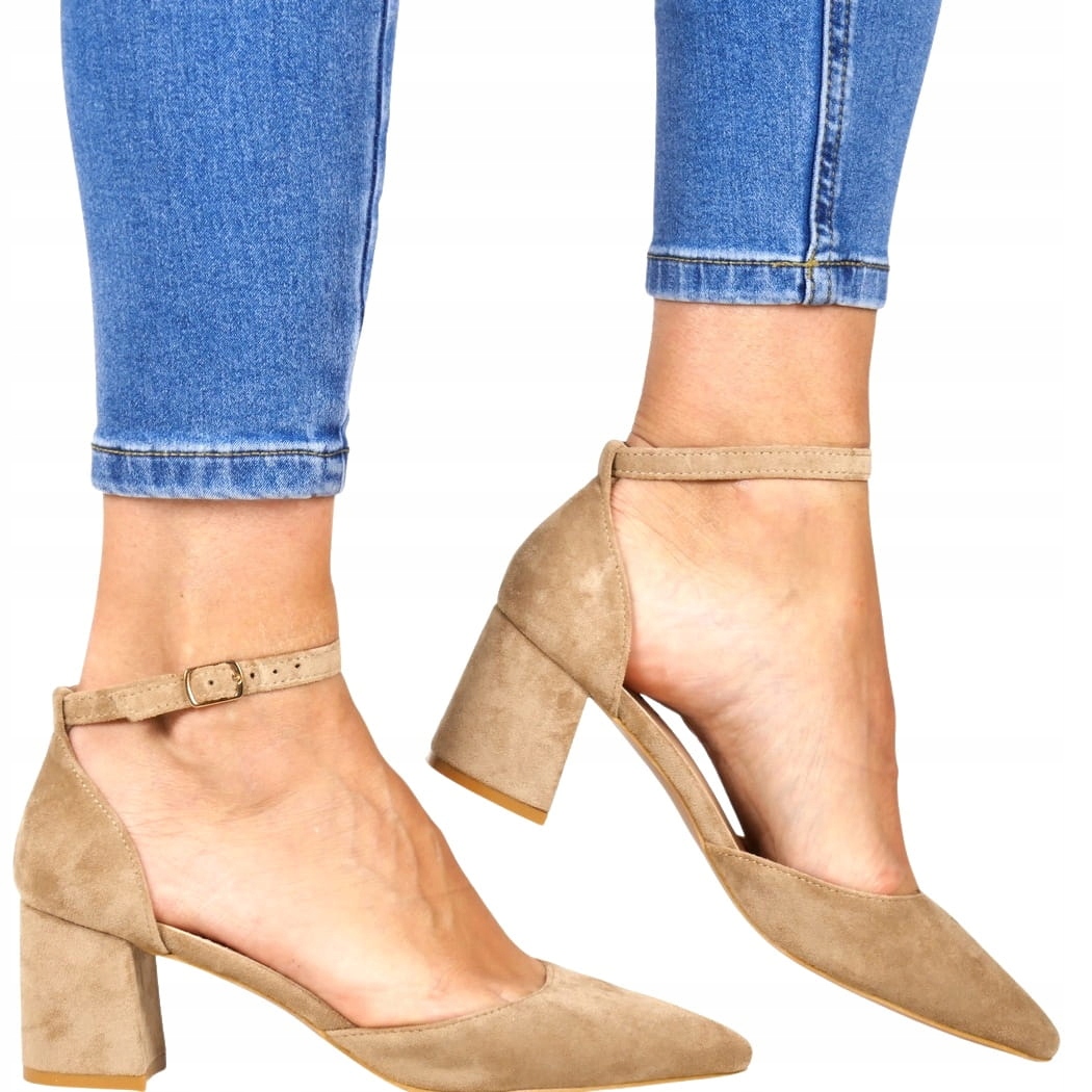 Béžové Khaki Semišové Lodičky Na Nízkém Podpatku Se Zapínáním Na Kotníku New 40