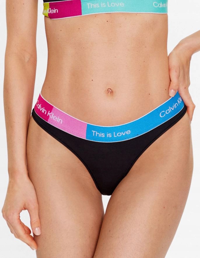 CALVIN KLEIN STRINGI DAMSKIE CZARNE Z KOLOROWYM PASKIEM XS 2A3D1_B*
