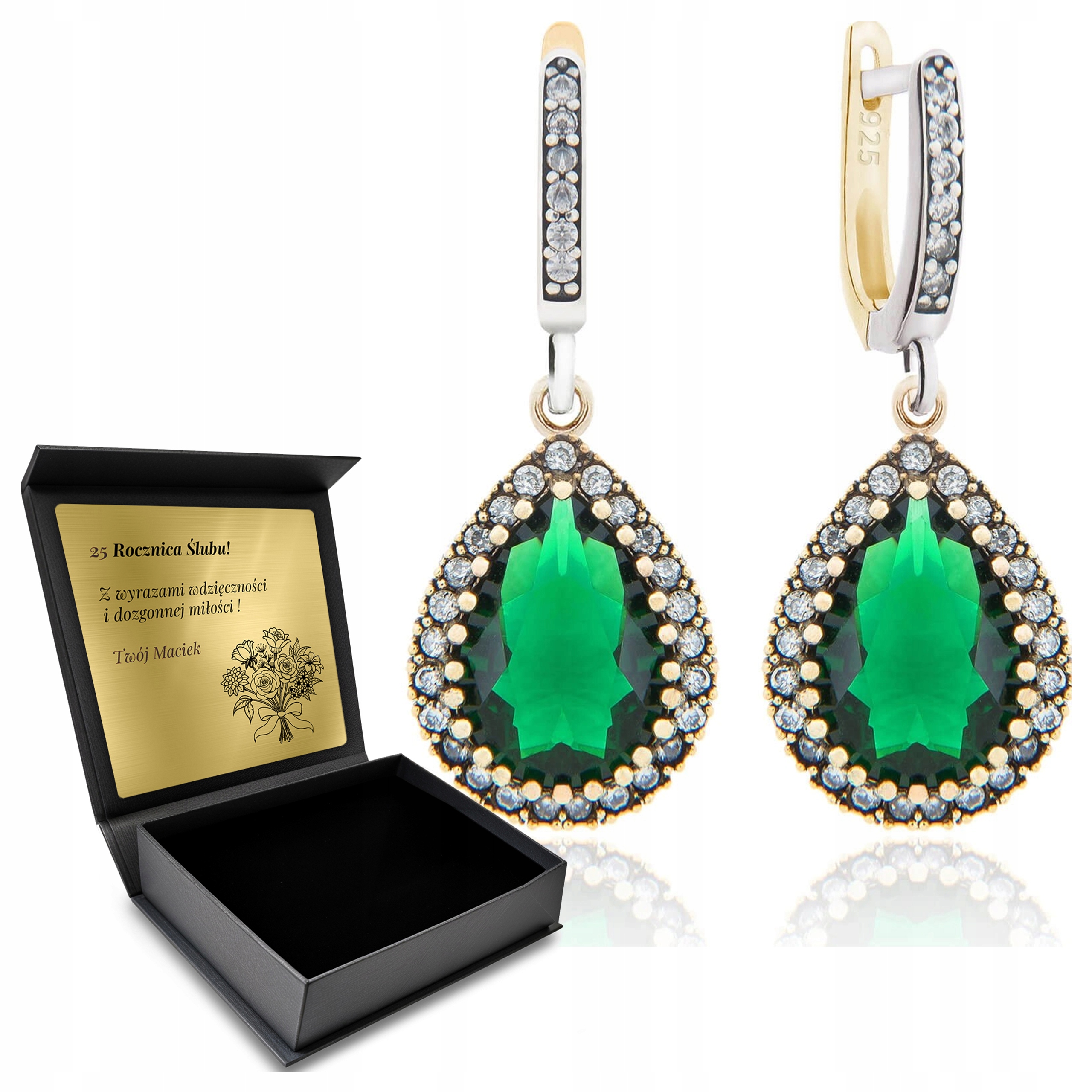 Stříbrné Náušnice 925 S Zirkony A Smaragdem Fenoménní Gravírování Bonus