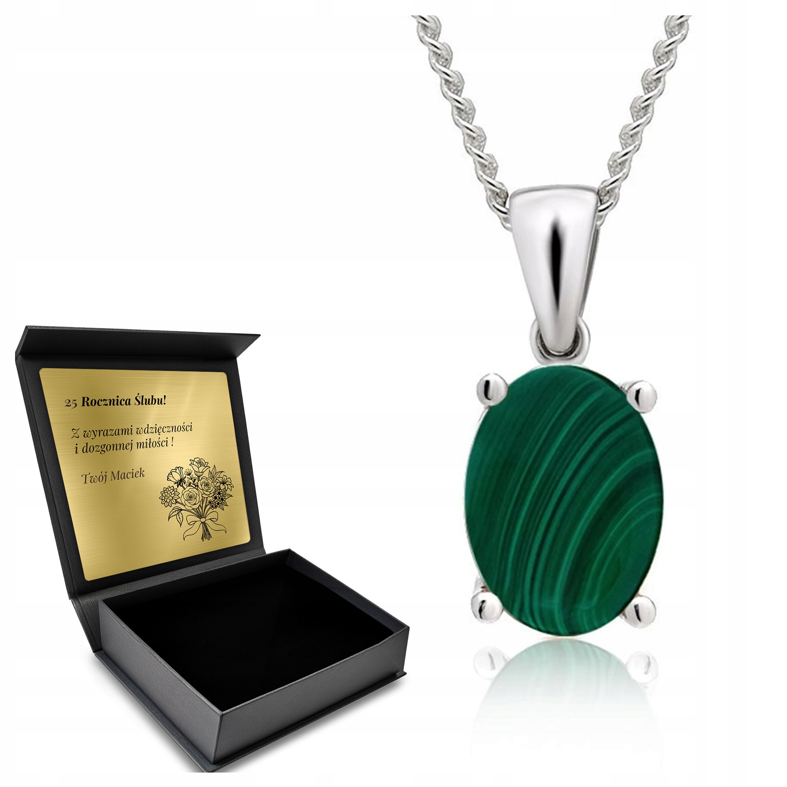 Stříbrný Náhrdelník 925 Zirkony Malachit Dárek pro ženu Gravírování