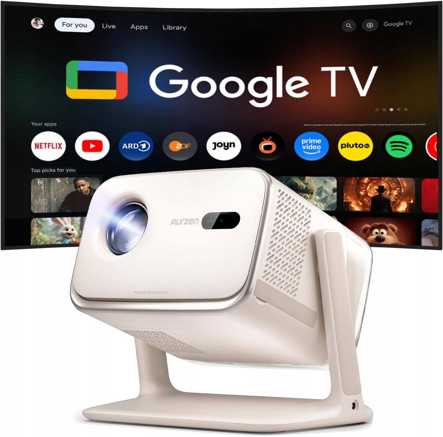 Projektor Aurzen Boom Mini Google Tv 1080P 4K Dolby Audio 20W 500 Ansi Wifi