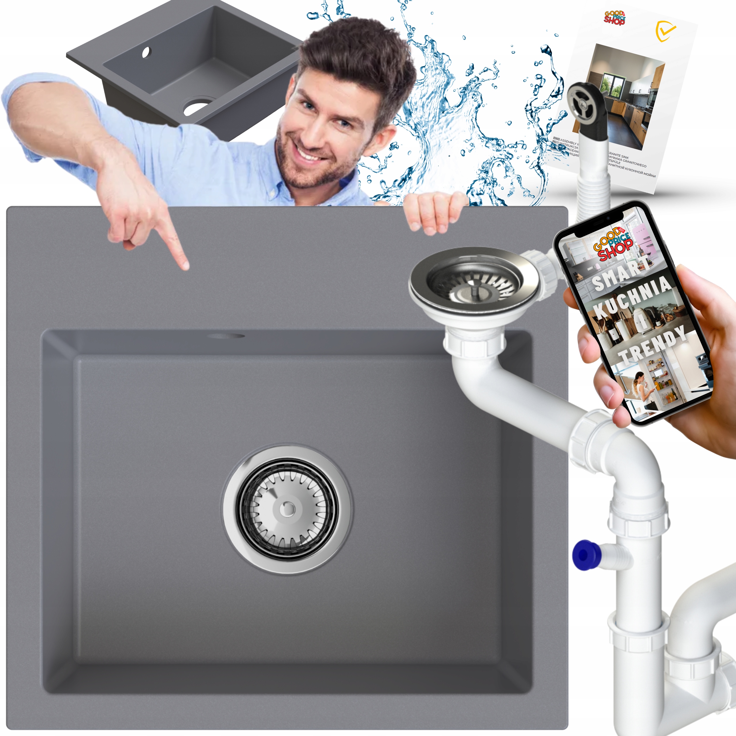 Granitový Dřez Jednokomorový 1-KOM Bez Odkapávače Šedý Sifon 6v1