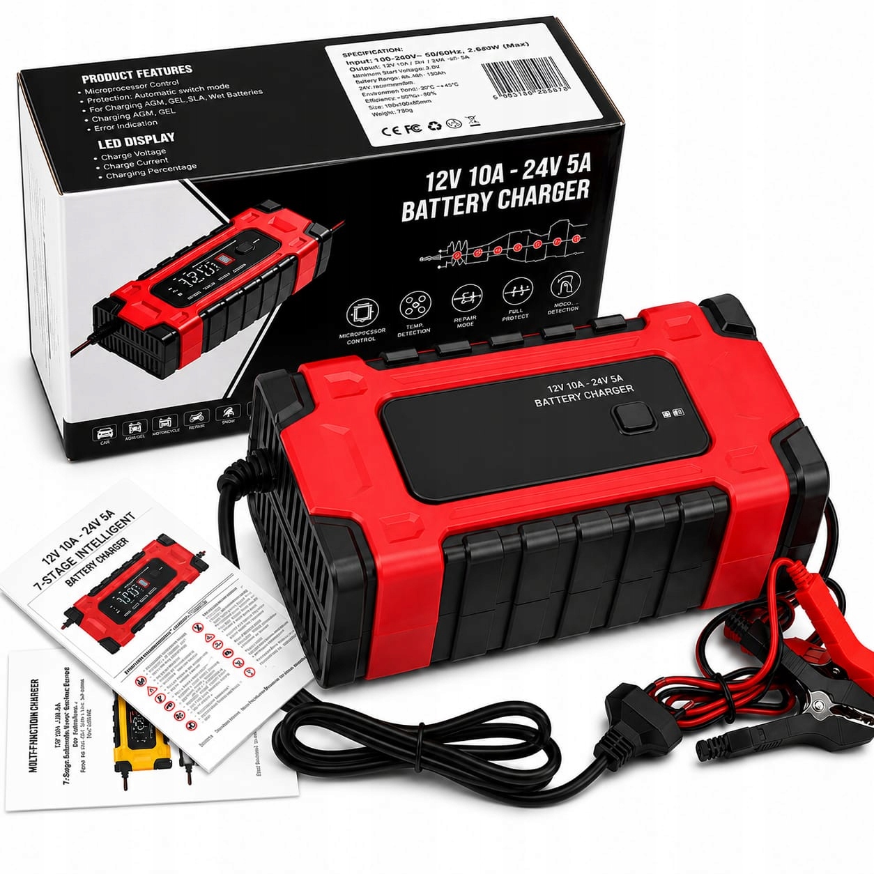 Mocny Prostownik Do Akumulatora LCD 12V 24V 10A Funkcja Naprawy Ładowarka
