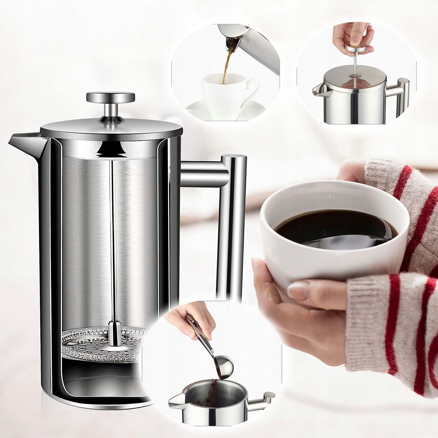 ZAPARZACZ DZBANEK DO PARZENIA KAWY HERBATY ZIÓŁ STALOWY 1L FRENCH PRESS Pojemność (w filiżankach) 8