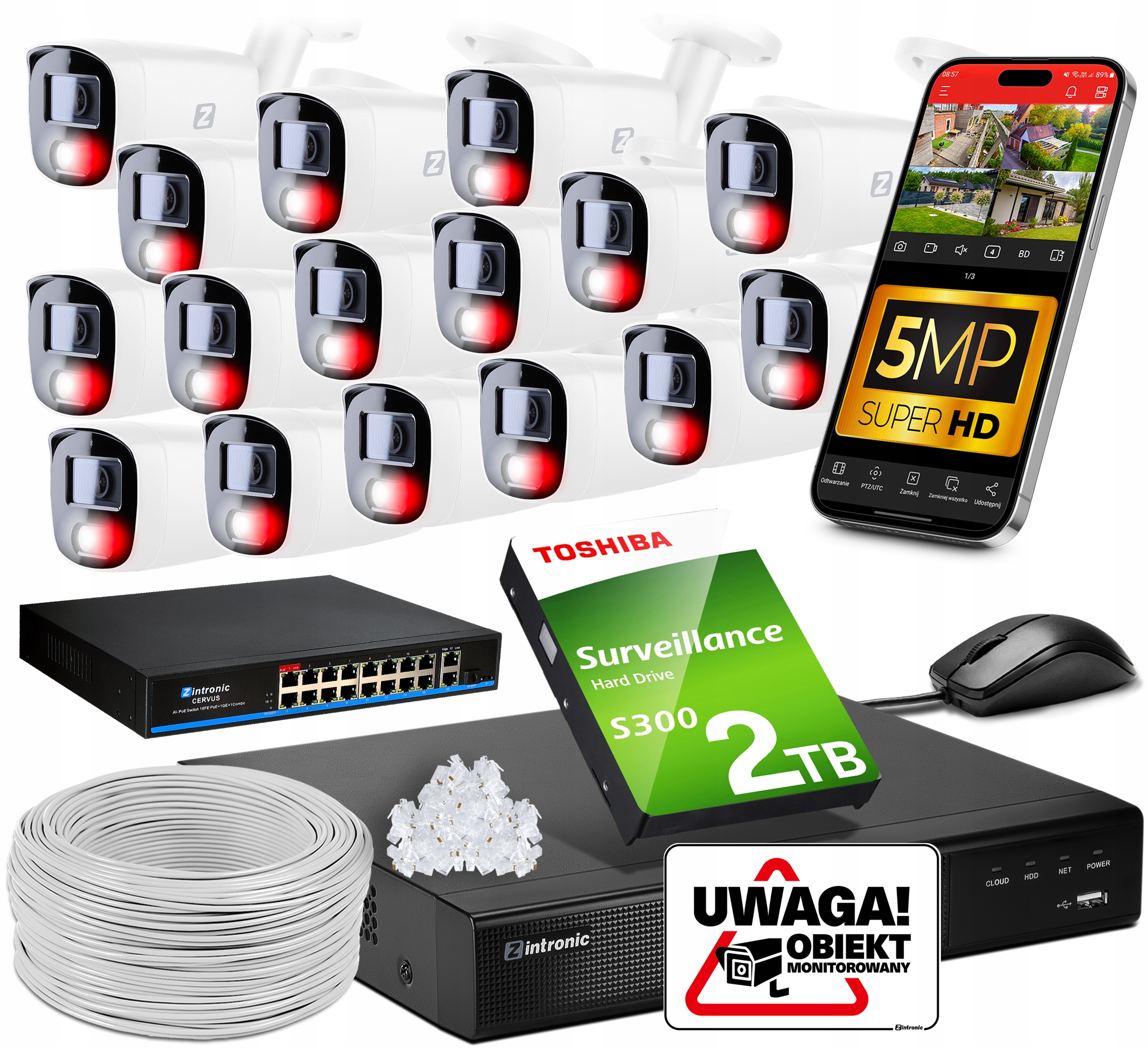 Monitorovací Sada 5MPX Ip Poe 16 Kamer 2TB Audio Detekce Lidí Přepínač