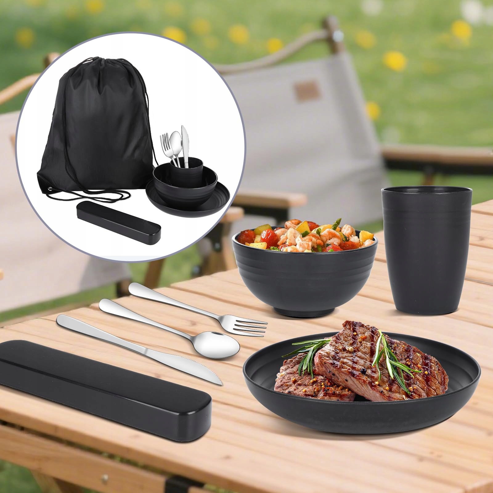 OUTDOOR CAMPING Zestaw Naczyń Dla 1 Osoby Plastikowy Zestaw Sztućców — miniatura 6