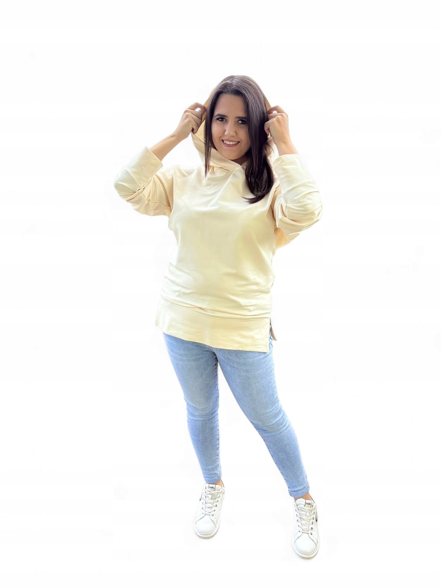 Mikina s kapucí, rozparky na bocích, krémová, velikost 44, plus size